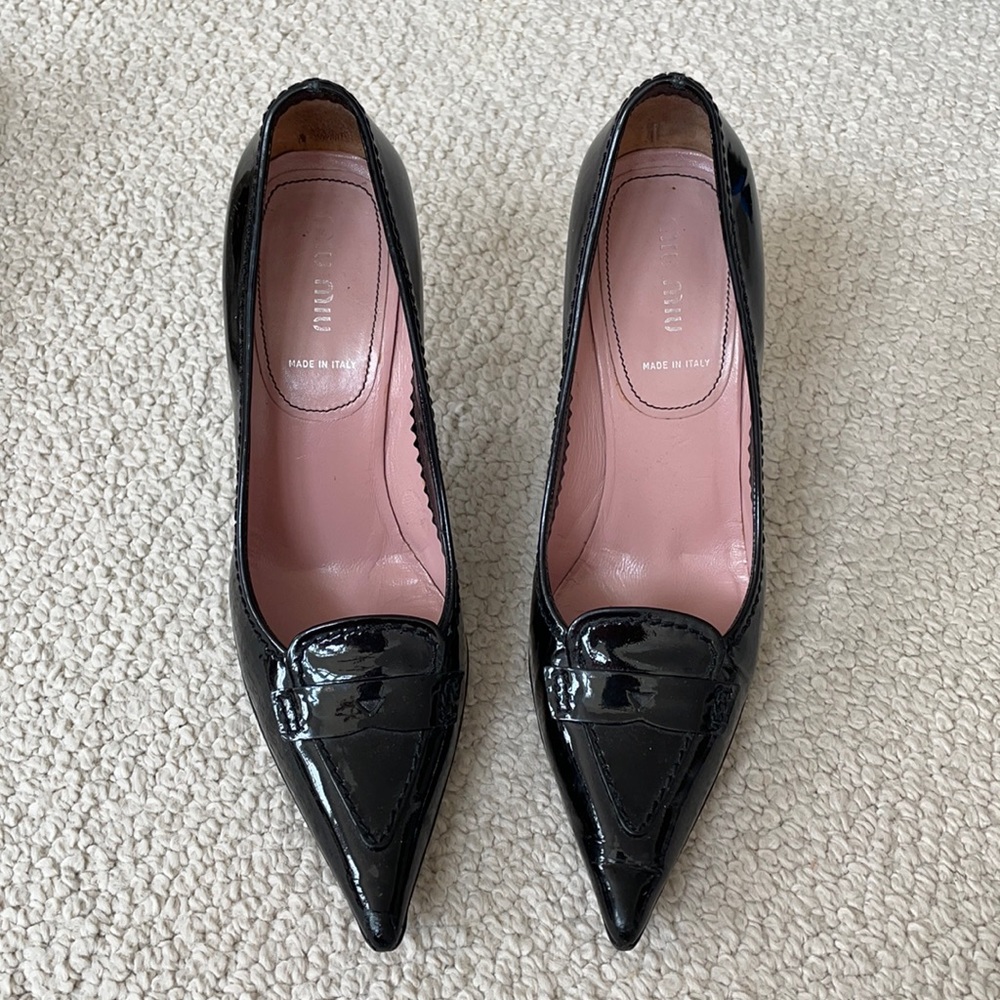 Miu Miu Black Patent Leather Loafer Heels